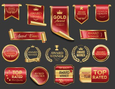 En iyi derecelendirilmiş ve ödüllü altın ve kırmızı rozet ve amblem koleksiyonu resimleme 
