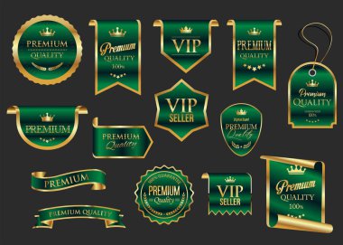 Altın lüks etiketler ve rozetler altın prim kalite sertifika kurdeleleri vektör illüstrasyonu