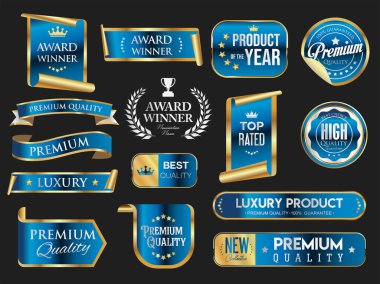 Altın lüks etiketler ve rozetler altın prim kalite sertifika kurdeleleri vektör illüstrasyonu