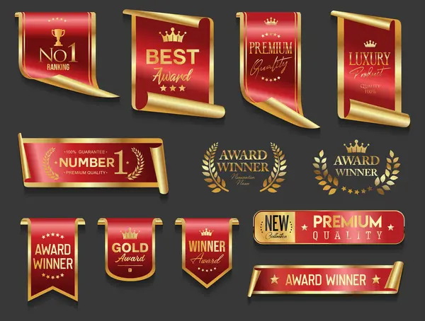 Ödül sahibi ve en iyi derecelendirilmiş altın ve kırmızı rozet ve amblem, lüks şöhret koleksiyonuna sahip klasik tarz simge seti 