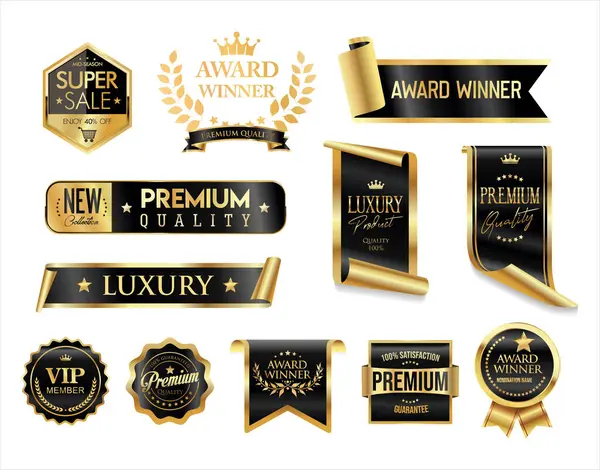 En çok izlenen ve ödüllendirilen altın ve siyah rozet ve amblem koleksiyonu illüstrasyonu
