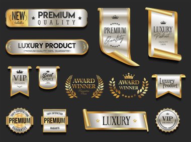 Altın lüks etiketler ve rozetler altın prim kalite sertifika kurdeleleri vektör illüstrasyonu 