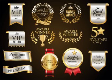Altın lüks etiketler ve rozetler altın prim kalite sertifika kurdeleleri vektör illüstrasyonu 