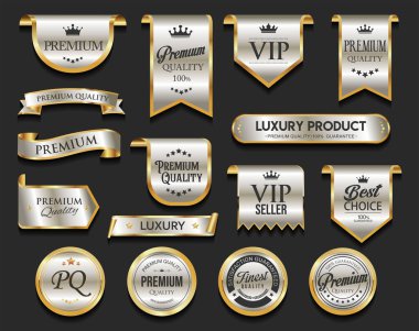 Altın lüks etiketler ve rozetler altın prim kalite sertifika kurdeleleri vektör illüstrasyonu 
