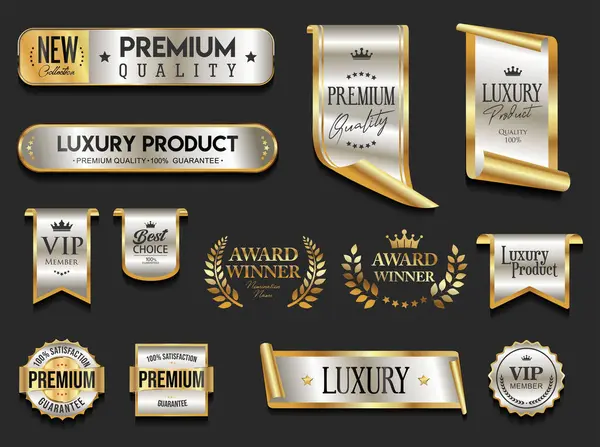 Altın lüks etiketler ve rozetler altın prim kalite sertifika kurdeleleri vektör illüstrasyonu 