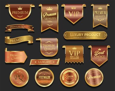 Altın lüks etiketler ve rozetler altın prim kalite sertifika kurdeleleri vektör illüstrasyonu 