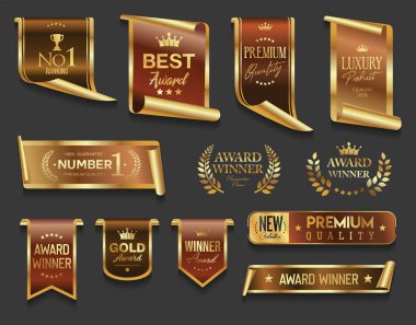 Altın lüks etiketler ve rozetler altın prim kalite sertifika kurdeleleri vektör illüstrasyonu 