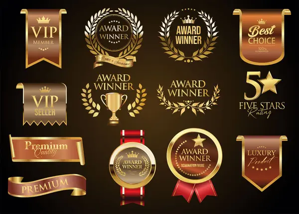 Altın lüks etiketler ve rozetler altın prim kalite sertifika kurdeleleri vektör illüstrasyonu 