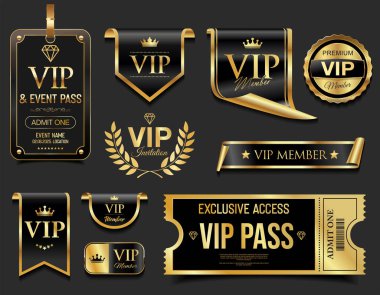 VIP üyesi altın lüks etiket premium kalite sertifika kurdeleleri vektör illüstrasyonu 