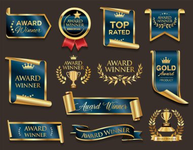 VIP ve premium amblem ve rozetler siyah arkaplan resimlerinde izole mavi ve altın rengi