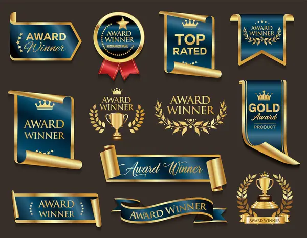 VIP ve premium amblem ve rozetler siyah arkaplan resimlerinde izole mavi ve altın rengi