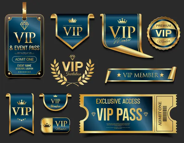 VIP ve premium amblem ve rozetler siyah arkaplan resimlerinde izole mavi ve altın rengi