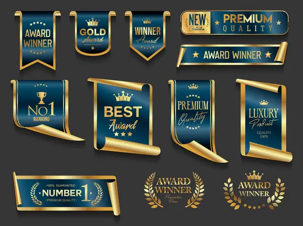 VIP ve premium amblem ve rozetler siyah arkaplan resimlerinde izole mavi ve altın rengi