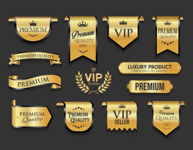 VIP ve premium amblemi gri arka planda siyah ve altın izole edilmiş.