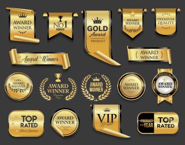 VIP ve premium amblemi gri arka planda siyah ve altın izole edilmiş.