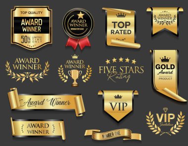 VIP ve premium amblemi gri arka planda siyah ve altın izole edilmiş.