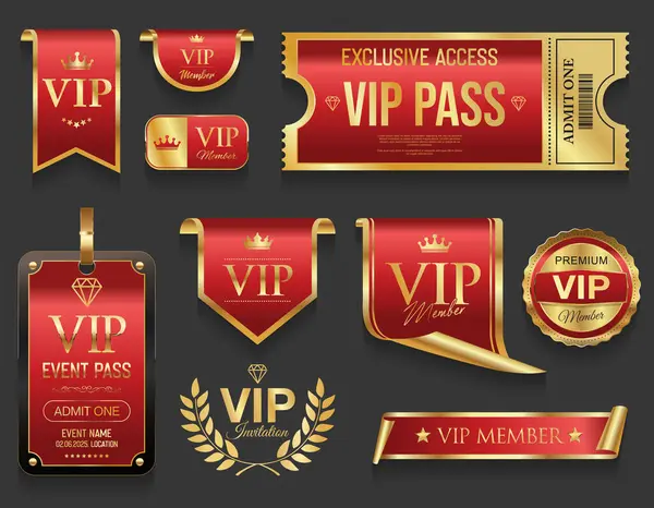 VIP üyesi altın ve kırmızı lüks etiket premium kalite sertifika kurdeleleri vektör resimleme 