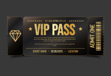 Altın VIP geçiş kartı konseri, parti veya festival tasarım şablonu tasarım şablonu 
