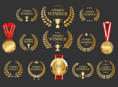 Altın defne çelengi koleksiyonunun siyah arka planda izole edilmiş ödüllü amblemi 