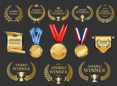 Altın defne çelengi koleksiyonunun siyah arka planda izole edilmiş ödüllü amblemi 