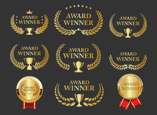 Altın defne çelengi koleksiyonunun siyah arka planda izole edilmiş ödüllü amblemi 