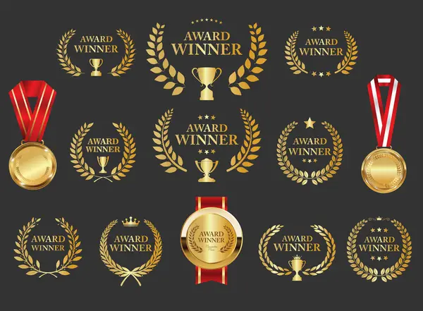 Altın defne çelengi koleksiyonunun siyah arka planda izole edilmiş ödüllü amblemi 