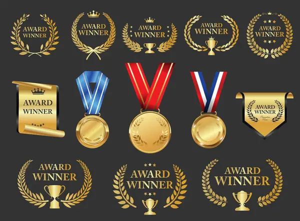 Altın defne çelengi koleksiyonunun siyah arka planda izole edilmiş ödüllü amblemi 