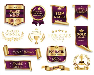En iyi derecelendirilmiş ve ödüllü altın ve mor rozet ve amblem koleksiyonu illüstrasyonu