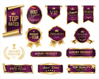 En iyi derecelendirilmiş ve ödüllü altın ve mor rozet ve amblem koleksiyonu illüstrasyonu