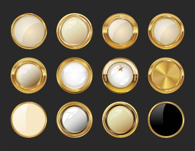 Altın Yuvarlak Rozet Ödüller ve Sertifikalar İçin Siyah Arkaplan Premium Vektör Etiketleri Ayarlandı