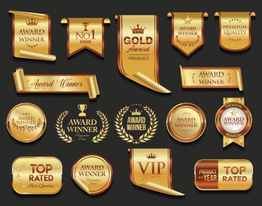 Altın lüks etiketler ve rozetler altın prim kalite sertifika kurdeleleri vektör illüstrasyonu