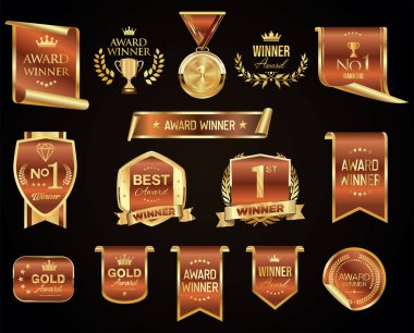 Altın lüks etiketler ve rozetler altın prim kalite sertifika kurdeleleri vektör illüstrasyonu