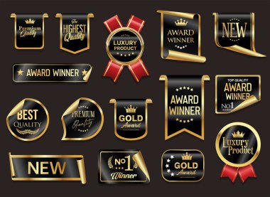 En çok izlenen ödül sahibi altın ve siyah rozet ve amblem koleksiyonu illüstrasyonu