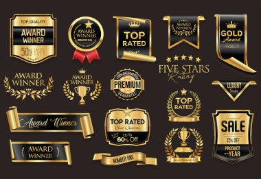 En çok izlenen ödül sahibi altın ve siyah rozet ve amblem koleksiyonu illüstrasyonu