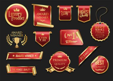 Altın lüks etiketler ve rozetler altın kaliteli sertifika şeritleri hisse senedi illüstrasyonları 