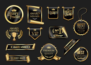 Altın lüks etiketler ve rozetler altın kaliteli sertifika şeritleri hisse senedi illüstrasyonları 