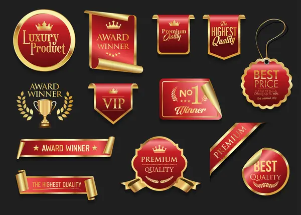 Altın lüks etiketler ve rozetler altın kaliteli sertifika şeritleri hisse senedi illüstrasyonları 