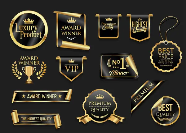 Altın lüks etiketler ve rozetler altın kaliteli sertifika şeritleri hisse senedi illüstrasyonları 