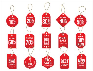 Gerçek satış etiketleri, indirimli fiyat etiketleri. İpten resimli kağıt hediye etiketi 