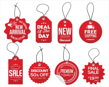 Gerçekçi kırmızı satış etiketleri, indirimli fiyat etiketleri. İpten resimli kağıt hediye etiketi 