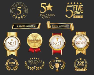 Altın ve siyah lüks etiketler ve rozetler altın prim kalite sertifika kurdeleleri vektör illüstrasyonu