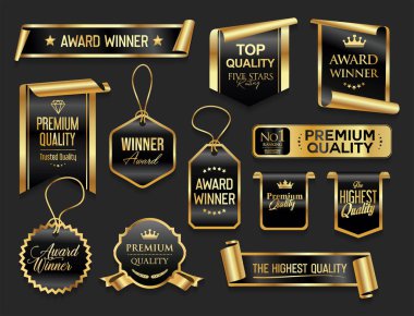 Altın ve siyah lüks etiketler ve rozetler altın prim kalite sertifika kurdeleleri vektör illüstrasyonu