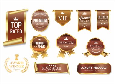 Altın lüks etiketler ve rozetler altın prim kalite sertifika kurdeleleri vektör illüstrasyonu 