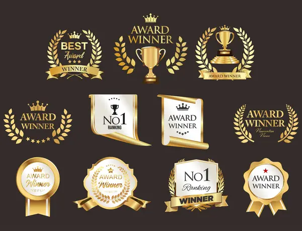 Ödül ve prim amblemi ve rozetleri altın rengi izole hisse senedi çizimi 