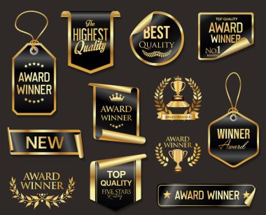 Altın ve siyah lüks etiketler ve rozetler. Altın kaliteli ve ödüllü kurdeleler.