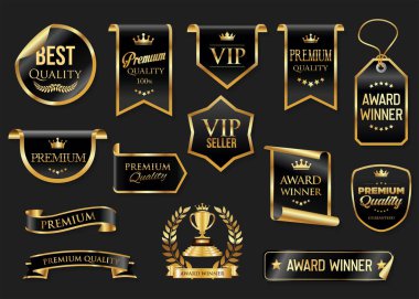 Altın ve siyah lüks etiketler ve rozetler. Altın kaliteli ve ödüllü kurdeleler. 