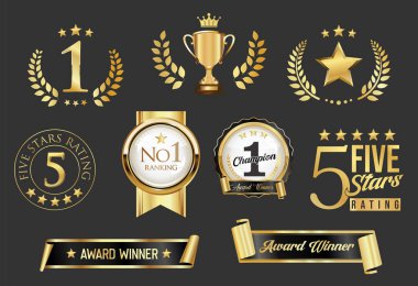 Altın defne ve altın amblemli ödüllü amblem siyah arkaplanda izole edilmiş metin