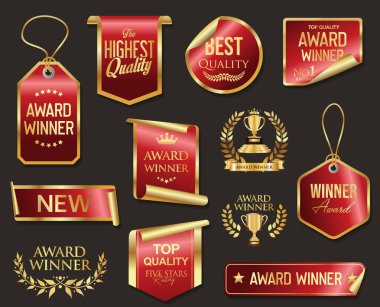 VIP, premium, yüksek kalite ve ödül amblemi kırmızı ve altın gri arka planda izole edilmiş.