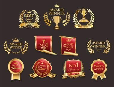 VIP, premium, yüksek kalite ve ödül amblemi kırmızı ve altın gri arka planda izole edilmiş.