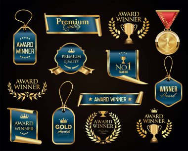 VIP üyesi altın ve mavi lüks etiket premium kalite sertifika kurdeleleri vektör resimleme 